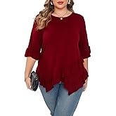 Beauhuty Plus Size Tops for Womens Tunic Ruffled Hem Crew Neck T-Shirts Casual Flowy Blouses 3/4 Ruffle Sleeve