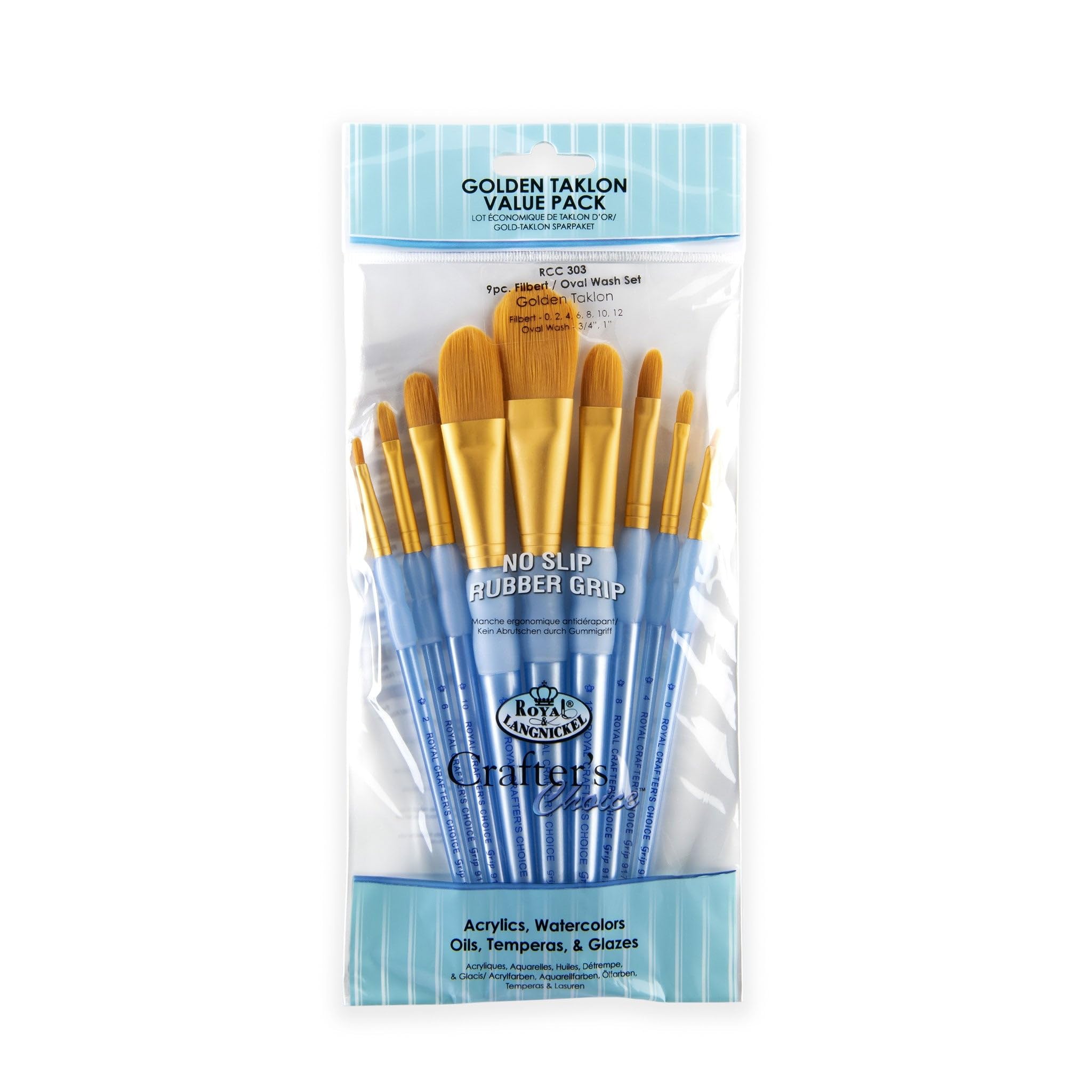 Royal and Langnickel Crafter's Choice Filbert and Wash Taklon Variety Brush Set - Gold (Pack of 9)