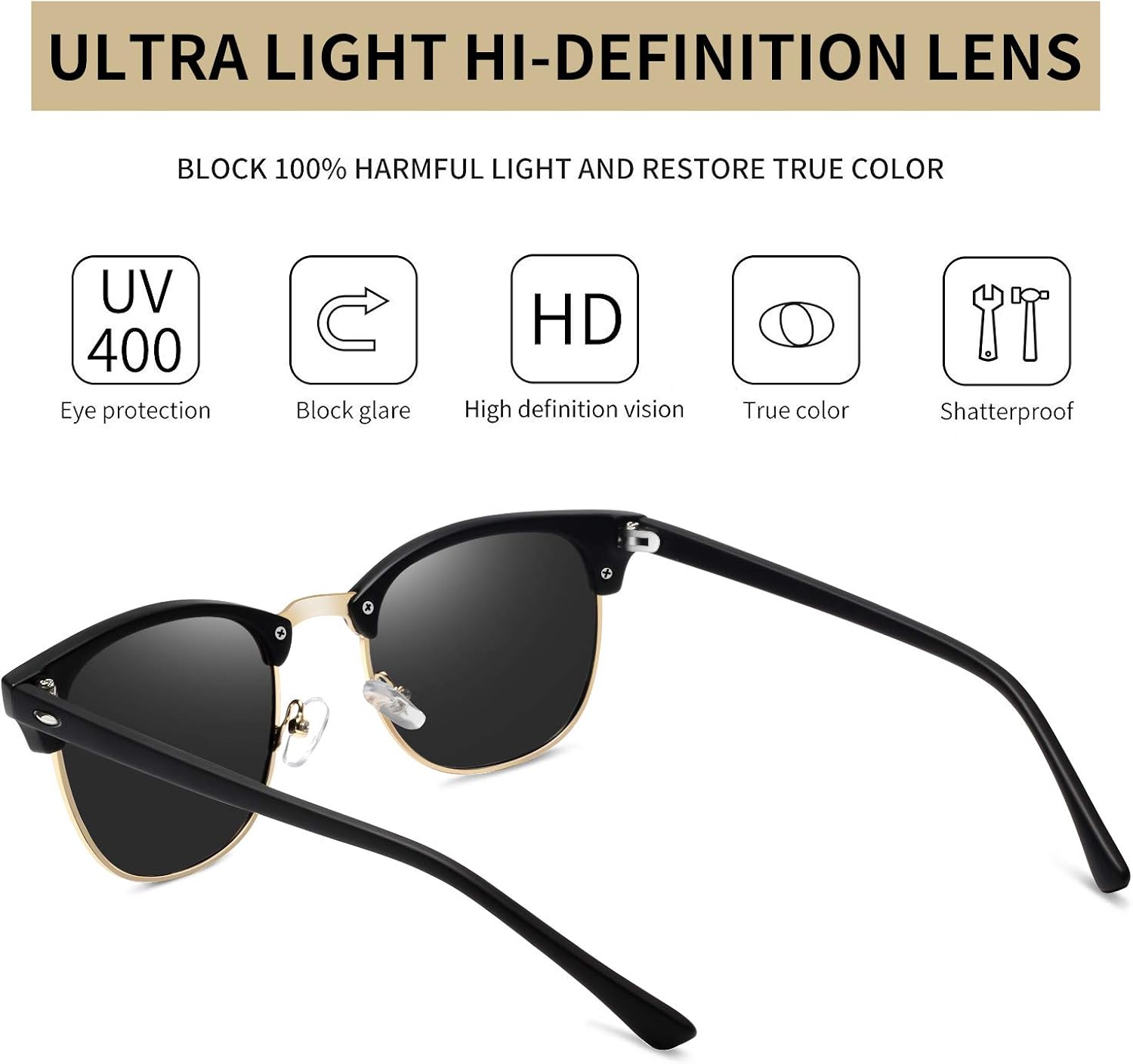 KANASTAL Gold Black Sunglasses Womens Mens Polarised Semi Rimless Retro Horn Rimmed Half Frame dark Laides UV Female Vintage - Image 3