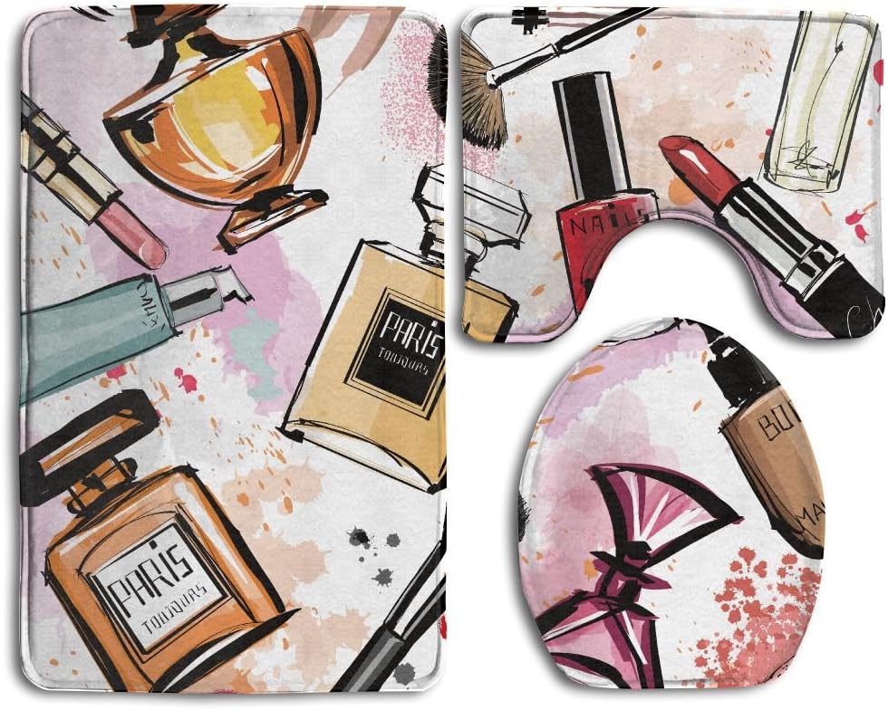 SarahKen Bathroom Rug Girly Cosmetic And Make Up Theme Pattern With Perfume And Lipstick Nail Polish Brush Modern City 3 Piece Bath Mat Set Contour Rug And Lid Cover