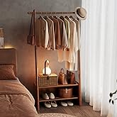 DONGMUWUJEE Solid Wood Clothing Rack with Shelves, Clothes Racks for Hanging Clothes, Hanging Rack with Shoe Storage, Heavy Duty Garment Rack for Bedroom, Entryway, Living Room, Walnut