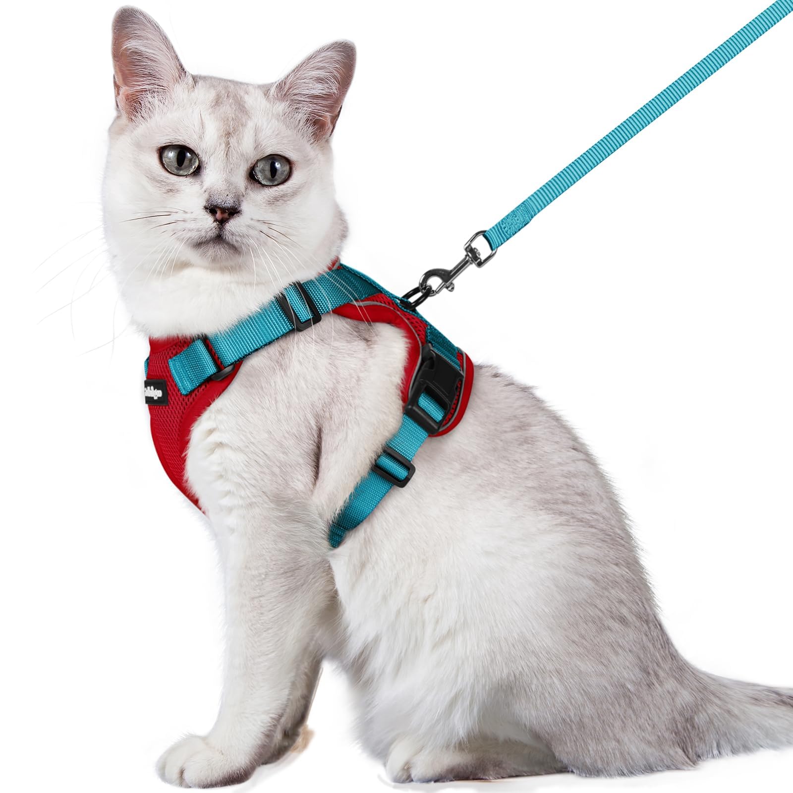 Photo 1 of rabbitgoo Cat Harness and Leash for Walking, Escape Proof Soft Adjustable Vest Harnesses for Cats, Easy Control Breathable Reflective Strips Jacket, Red & Teal, M