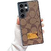 Compatible with Samsung Galaxy S25 Ultra Case, Luxury Designer PU Leather with Metal Logo Non-Slip Shockproof TPU Protective Bumper Phone Cover for Galaxy S25 Ultra Khaki