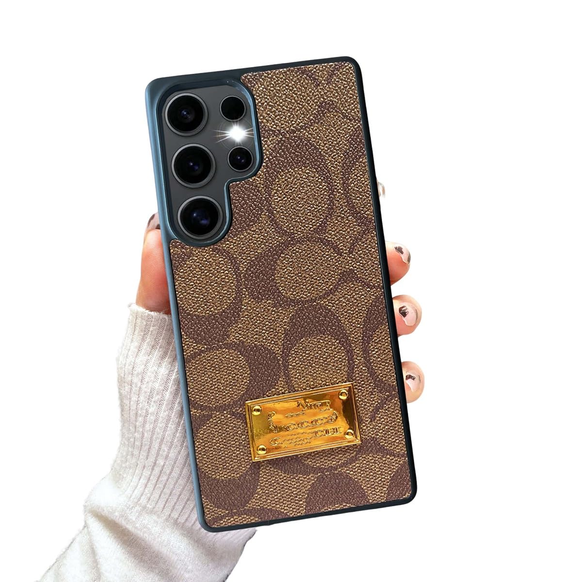 Compatible with Samsung Galaxy S25 Ultra Case, Luxury Designer PU Leather with Metal Logo Non-Slip Shockproof TPU Protective Bumper Phone Cover for Galaxy S25 Ultra Khaki