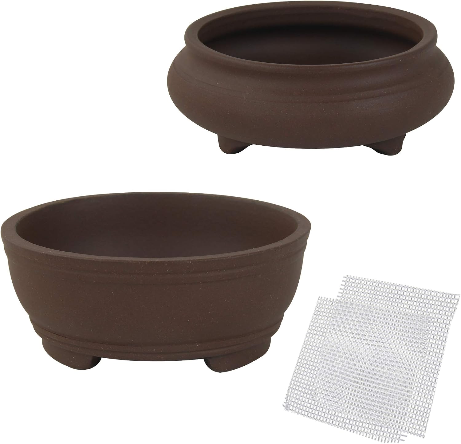 happy bonsai 2 pc 3.9" + 4.1" Unglazed Round Ceramic Succulent Planter Pot Set, Brown, 3.9+4.1 Inch