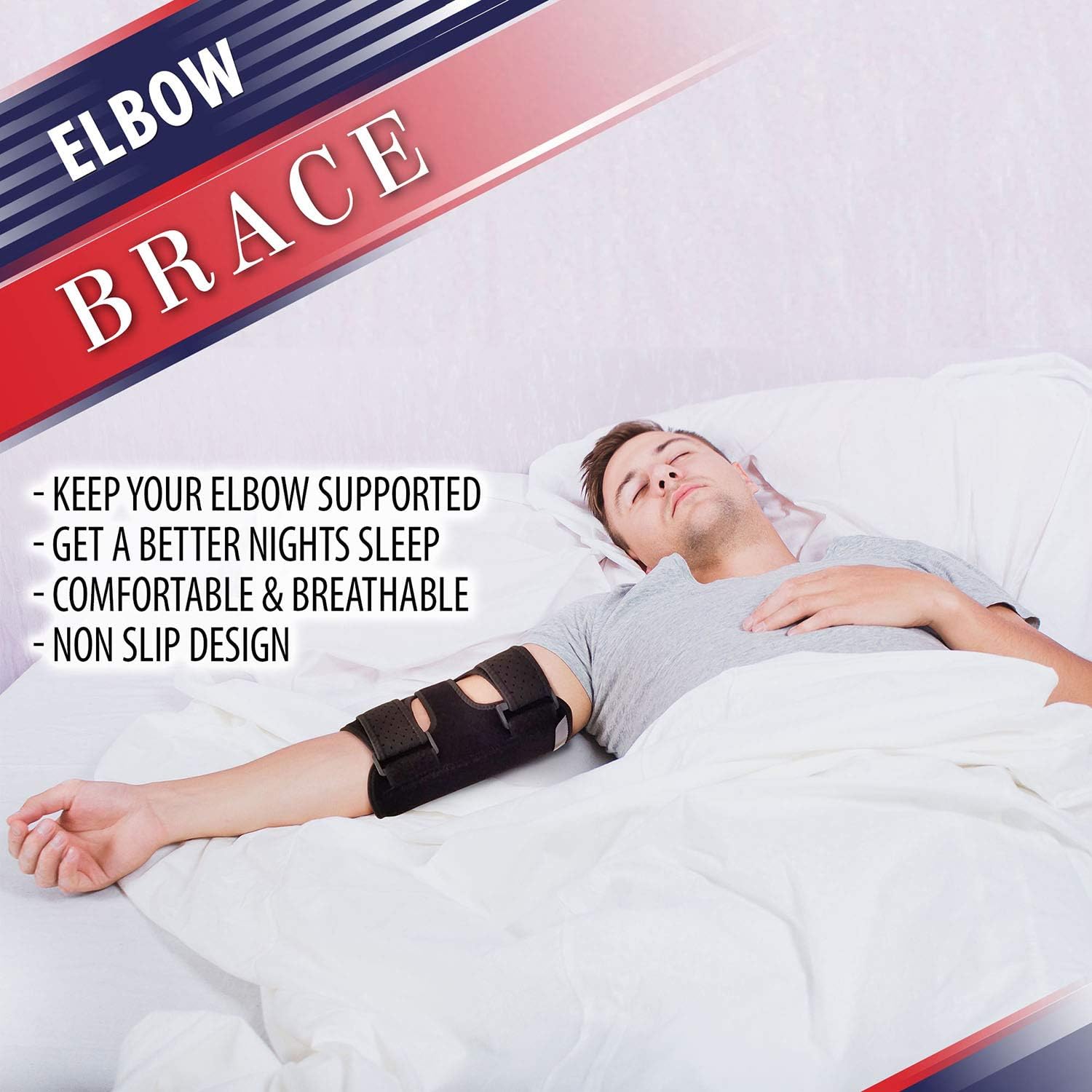 Elbow Brace for Comfortable Elbow Support - Adjustable Stabilizer to Keep Your Elbow Immobilized & Your Arm Straight with Two Removable Metal Splints Great Night Elbow Splint for Sleeping (Fits Most): Health & Personal Care