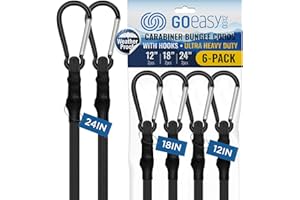 GOEASY0312 Carabiner Bungee Cords with Hooks Heavy Duty - 12", 18", 24" UV Resistant Black Bungee Cords with Carabiner Hooks for Outdoors, 200 LBS Max Break Strength - 6PCS (Black)