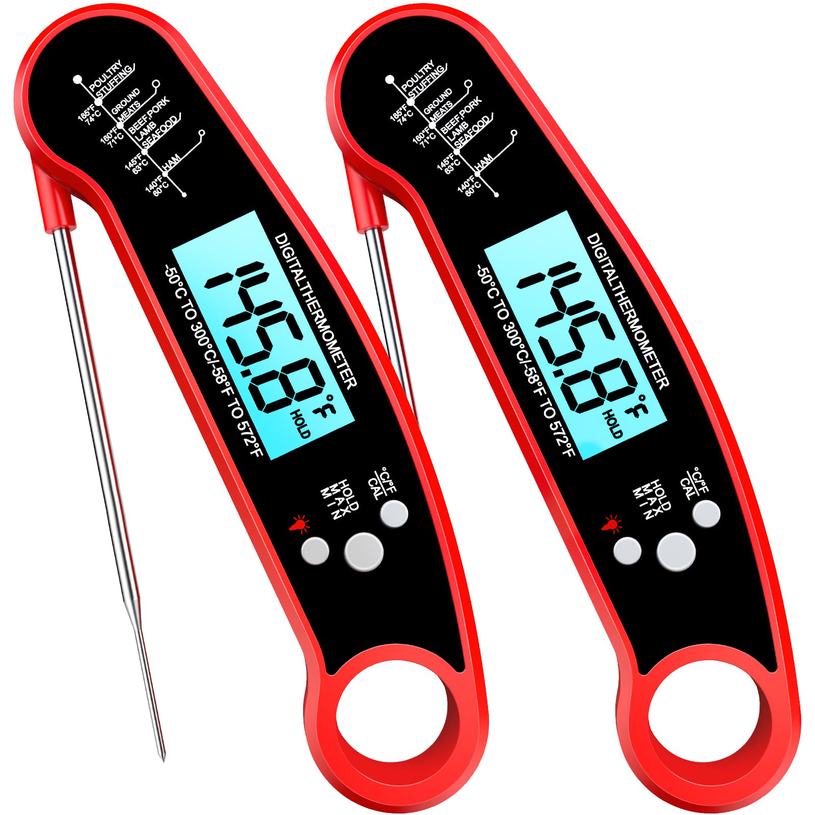 Photo 1 of 2 Pack Digital Meat Thermometer Instant Read Food Thermometer with Backlight, LCD Display, Calibration Function for Cooking Grilling, BBQ, Turkey, Candy, Liquid, Gifts for Him Her,Dad,Mom, Red
