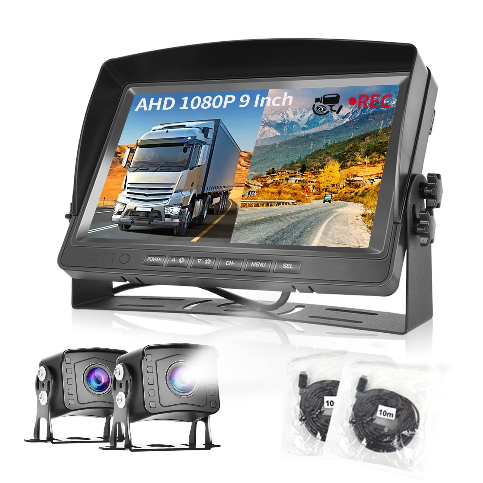 Photo 1 of Dual RV Backup Camera System 1080P, Hodozzy 9 Inch AHD Reversing Camera Monitor Wired IP69 Waterproof Full Color Night Vision Loop Recording Car Reversing Rear View Camera for Truck/Trailer/RV 12-35V