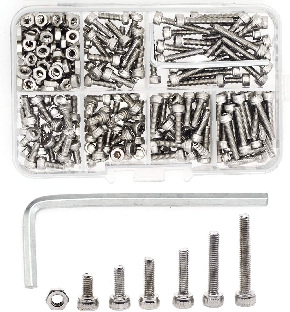 QTEATAK 300 Pcs M3 Stainless Steel Hex Socket Head Cap Screws Nuts Assortment Kit, Allen Wrench Drive, Precise Metric Bolts and Nuts Set for 3D Printed Project