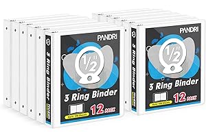 3 Ring Binder 0.5 Inch, PANDRI 12 Pack 0.5-Inch Binder Fits Letter Size 8.5'' x 11'' Paper, Versatile Binders for Office Home School, 2 Pockets, White
