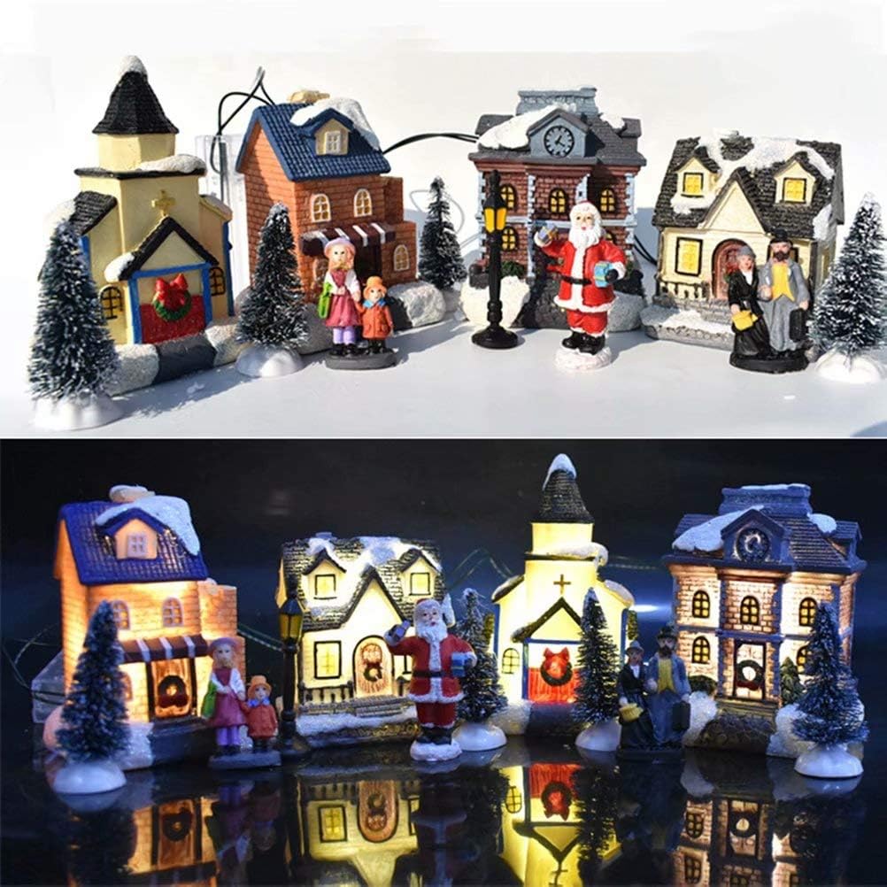 JIEQIJIAJU Christmas Tiny Scene Village Houses LED Light Up Buliding Luminous Figurines Accessories Tabletop Centerpieces Kids Gifts for Indoor Home Holiday Decor