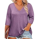 ZDC Womens Plus Size Tops 3/4 Sleeve V Neck T Shirts Casual Loose Fit Tee Tunic Blouse