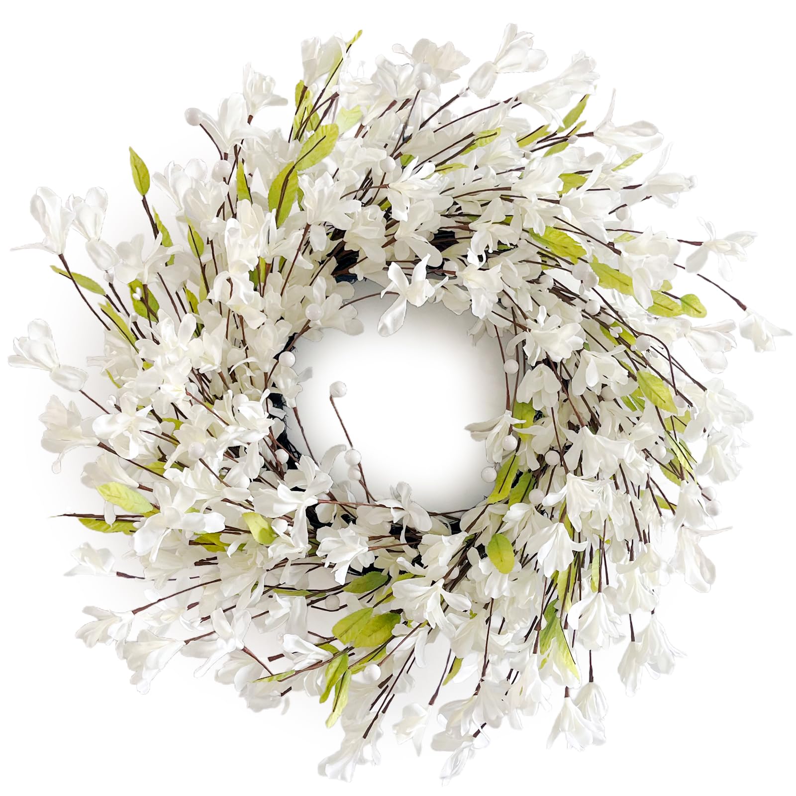 24" White Christmas Wreath, Artificial Forsythia Wreath with White Berries, Winter Front Door Wreath for Farmhouse Indoor Outdoor Porch Window Decor Image