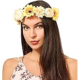 June Bloomy Women Rose Floral Crown Hair Wreath Leave Flower Headband with Adjustable Ribbon (3# Sunflower)