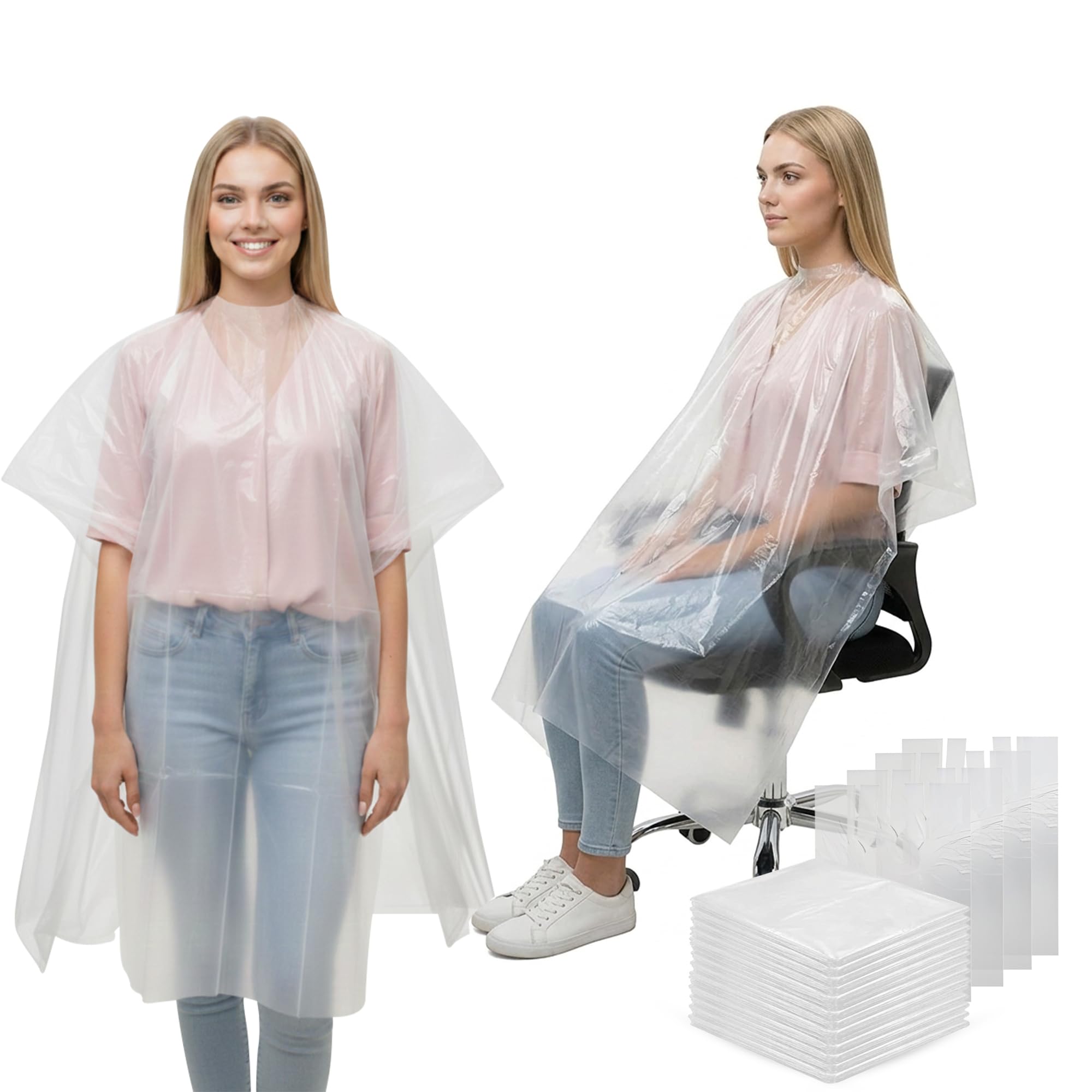 FATASH Disposable Hairdressing Cape 100 Pack – Full Length Waterproof Barber Gown – Thick Transparent Plastic Salon Apron for Hair Cutting & Colouring – Unisex Professional & Home Use