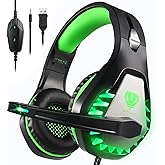 Gaming Headset for PS4, Xbox One, PC, PS5, Laptop, Mac, for Nintendo Switch, 3.5MM Noise Cancelling Over Ear Headphones with Mic, Bass Surround, Soft Memory Earmuffs Green