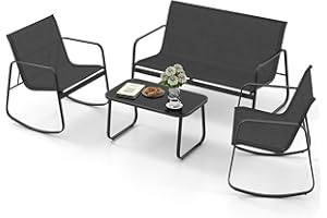 DWVO 4 Piece Patio Furniture Set, Outdoor Conversation Sets for Patio, Lawn, Garden, Poolside with Rocking Chair Set of 2 and Glass Coffee Table - Black