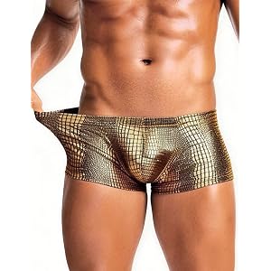 ohyeahlady Men's Faux Snakeskin Boxer Briefs Shiny U-Convex Pouch Trunks | Men Shiny faux snakeskin boxer briefs with U-conve
