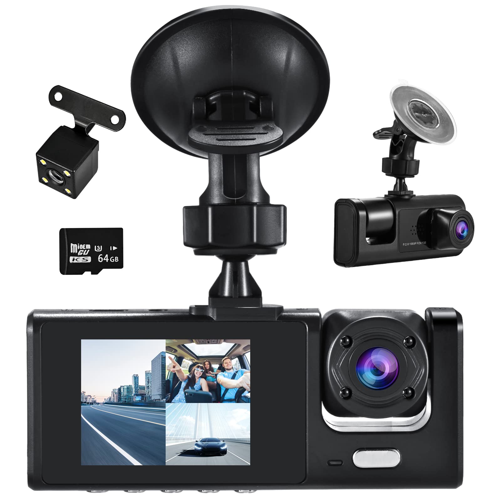 1080P Dash Cam Front and Rear,Full HD Dash Camera,Wireless Front and Inside Car Camera Dash Cam for Car, Dash Camera with 64GB-C10 Card, 170 Wide Angle Sensor with Loop Recording and G-sensorParking
