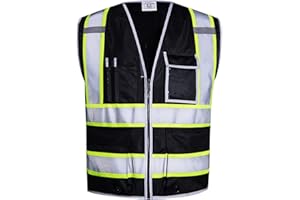 SKSAFETY 10 Pockets Safety Vest, Class 2 High Visibility Security with Zipper, Hi Vis Vest with Reflective Strips, ANSI/ISEA Standard, Construction Work Vest for Men ＆ Women （Black, M）