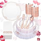Ciaell 175 PCS Rose and Gold Plastic Plates - Fancy Rose Gold Disposable Dinnerware Set with of 50 Plates, 25 Knives, 25 Forks, 25 Spoons, 25 Cups, 25 Napkins for Wedding & Party & Valentine's Day