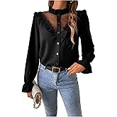 Verdusa Women's Polka Dots Mesh Dressy Blouses Elegant Flounce Sleeve Ruffle Button Up Shirts