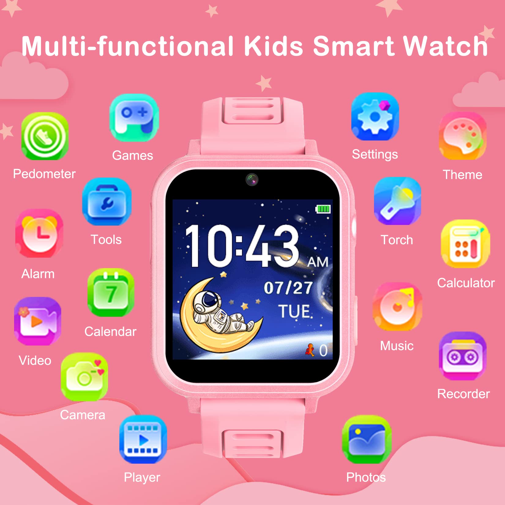 Smart Watch for Kids, Toddler Watch Toys with 39 Games Camera Video Recorder Music Alarm Calculator Calendar Stopwatch Flashlight Pedometer Birthday Gift Toys for 3-12 Year Old Boys and Girls (Pink)