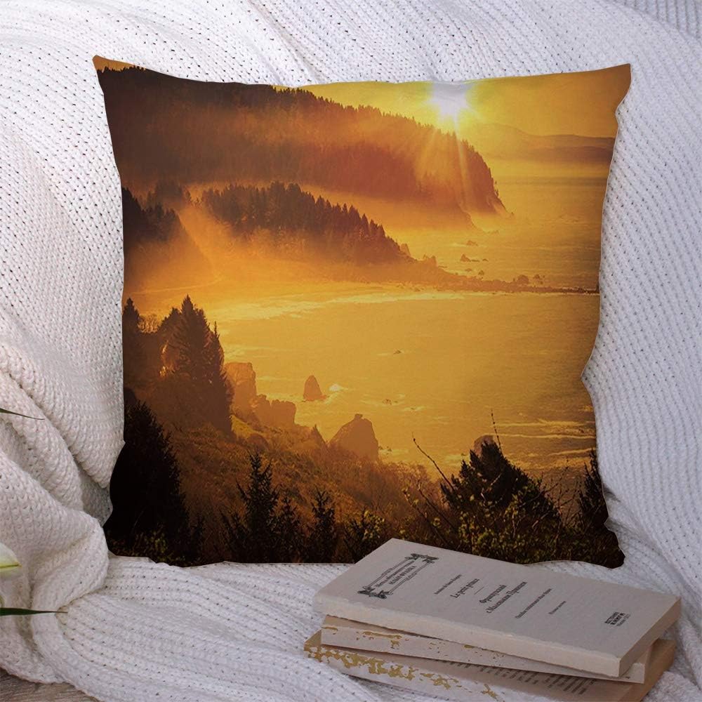 Pillow Case Decorative Square Pillowcase Eureka California Coastal Sunset City Forestry Shoreline Spring Between Hill Wavy Nature Natural Cozy Polyester Cushion Case for Bedroom Sofa 20x20 Inch