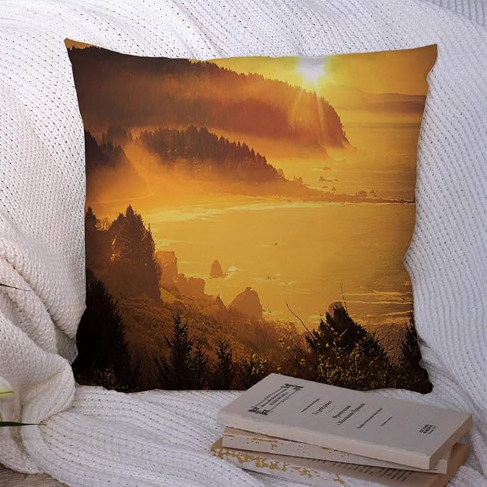 Pillow Case Decorative Square Pillowcase Eureka California Coastal Sunset City Forestry Shoreline Spring Between Hill Wavy Nature Natural Cozy Polyester Cushion Case for Bedroom Sofa 20x20 Inch