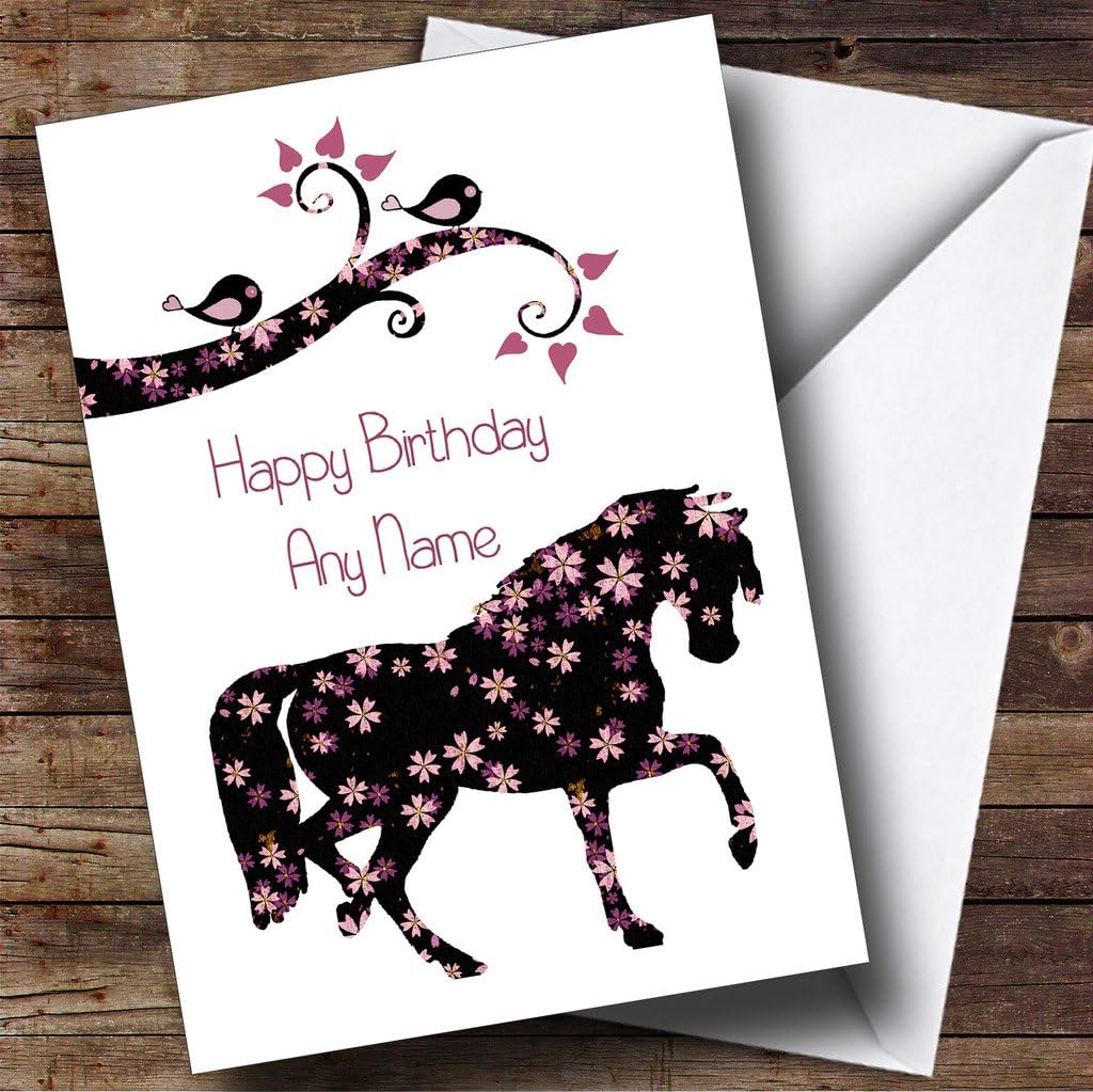 Fingerprint Designs Black & Pink Floral Horse Personalised Birthday Card | Animals, Wildlife & Pets Card