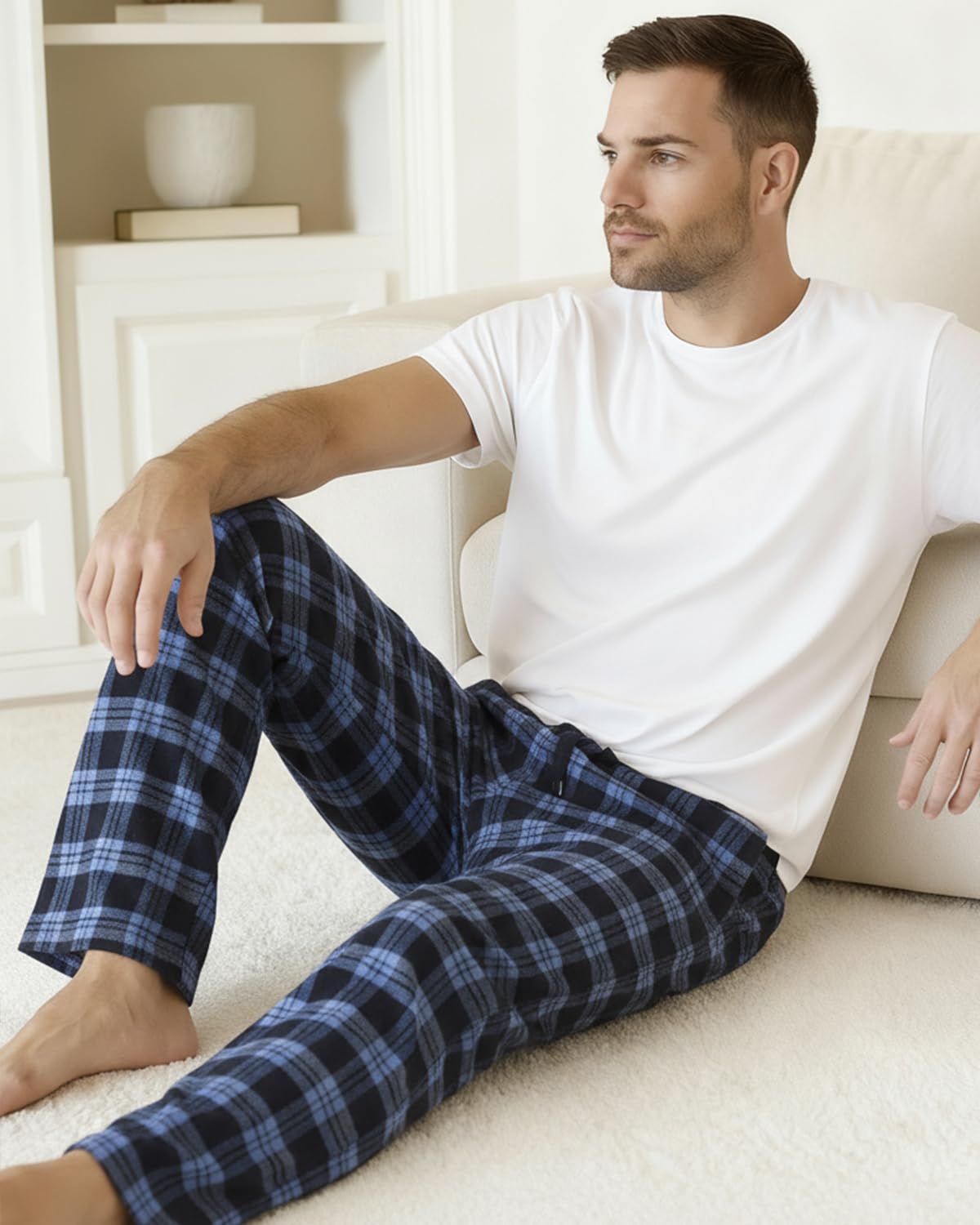 Active Club Men’s Flannel Pajama Pants – Soft Sleep & Lounge Pants with Pockets & Adjustable Drawstring – Plaid Lounge Bottoms (Navy Blue Plaid, Medium)