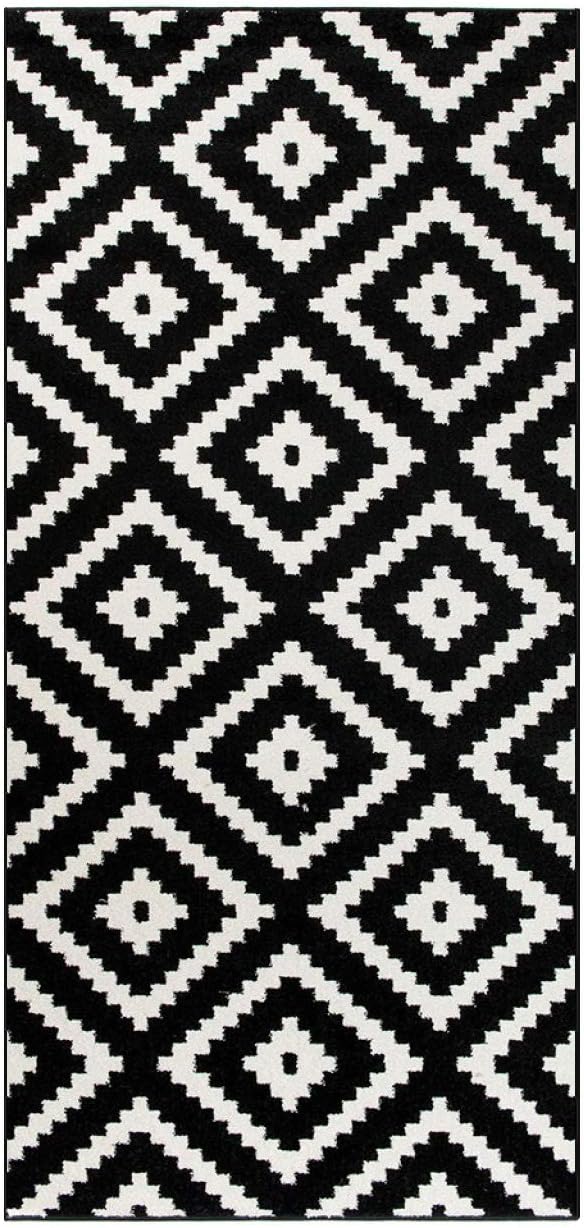 Tapiso Star Hall Stair Runner Mat Rug Diamond Black White Modern Durable Carpet Interior Design Luxury Collection Size - 70 x 300 cm (2ft4 x 9ft10)