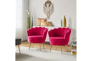 HULALA HOME Modern Velvet Accent Chairs Set of 2 with Shell Shaped Back, Cute Living Room Bedroom Armchairs with Gold Legs, Comfy Upholstered Vanity Chairs for Makeup Room, Fushia