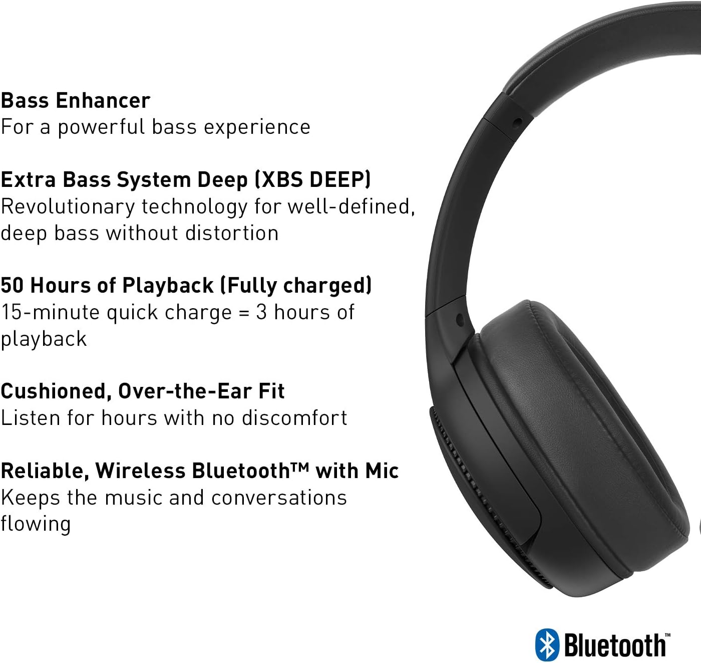 Panasonic RB-M300BE-K Wireless Headphones with Deep Bass and Bass Enhancer, Bluetooth Overhead Headphones, 50 Hours Playback, Black - Image 4