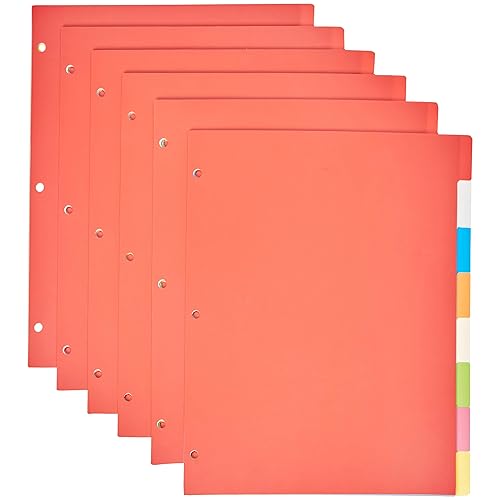 Amazon Basics 8-Tab Plastic Binder Divider with Multicolor Tab Label for 3 Ring Binder, Letter Size, 48 Sets