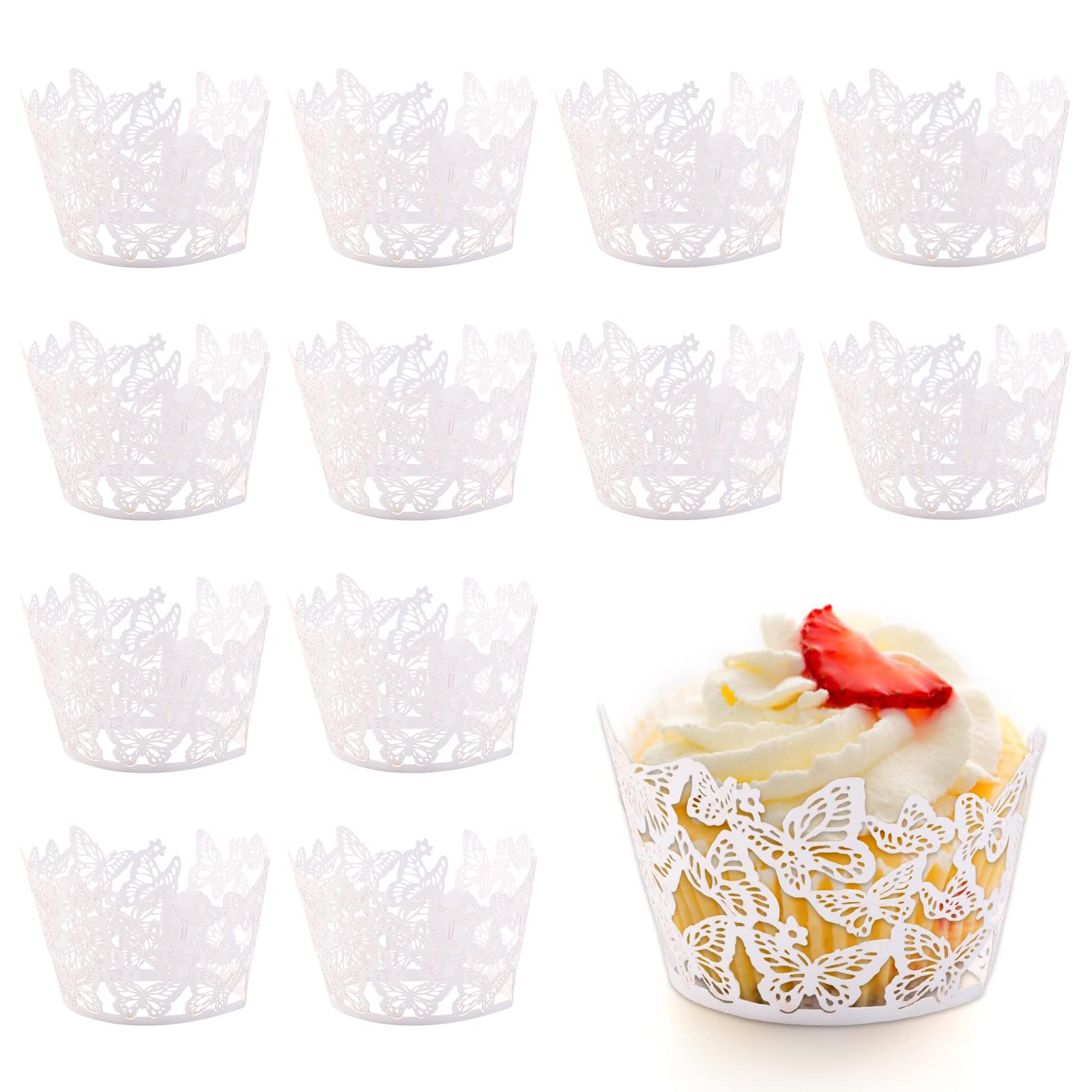 URROMA White Butterfly Lace Cupcake Wrappers, Vine Lace Cupcake Liners Laser Cut Cupcake Liners for Weddings Birthdays Tea Parties
