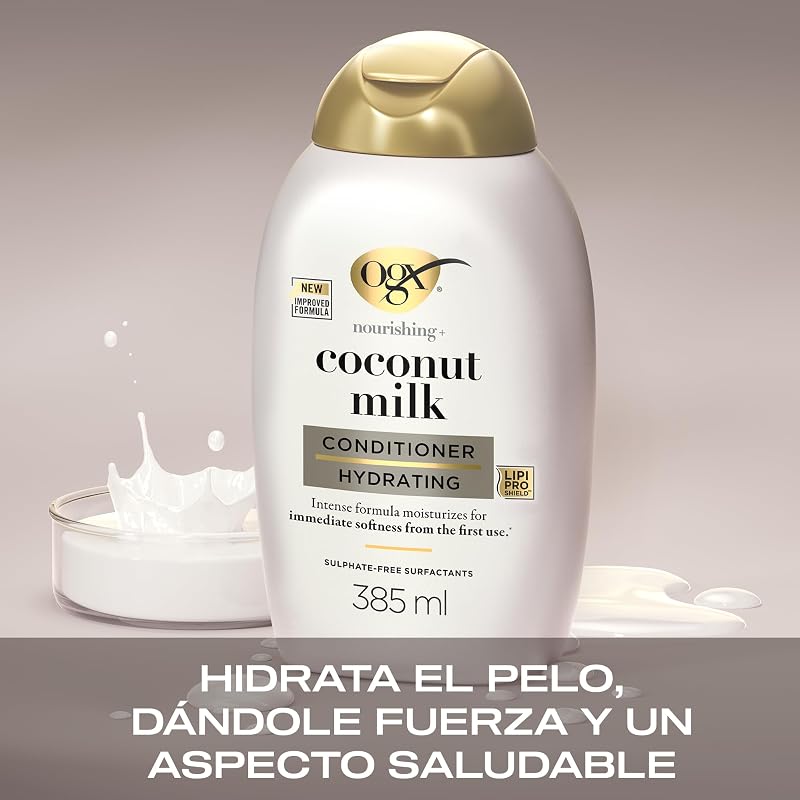 Nutrição + Amaciador de Leite de Coco (385 ml), condicionador hidratante com leite de coco e óleo e proteína hidrolisada do leite, sem sulfatos, para cabelo seco