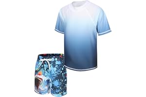 ZESTONIE Boys Rash Guard Set for Kids Boys 2 Piece Short Sleeve Swim Shirts with Trunks Quick Dry Bathing Suits Swim Set