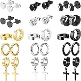 KWUNCCI 15 Pairs Earrings for Men, Black Silver 14K Gold Plated Stainless Steel Earrings Stud Hoop for Men Women, Fashion Ear Piercing Jewelry Cross Dangle Hoop Earrings Set