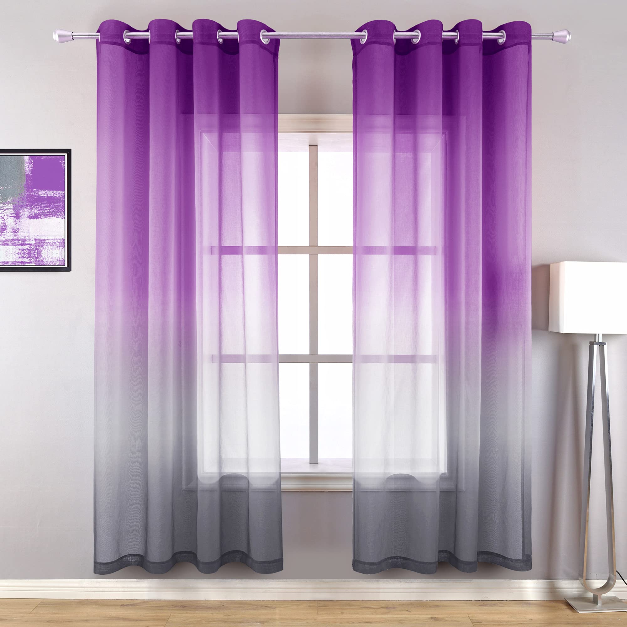KOUFALL Aesthetic Purple Room Decor for Bedroom Ombre Sheer Design Glam Luxury Plum Grey Pattern Curtains for Living Room Set of 2 Panels 52 x 63 Inch Length Gray