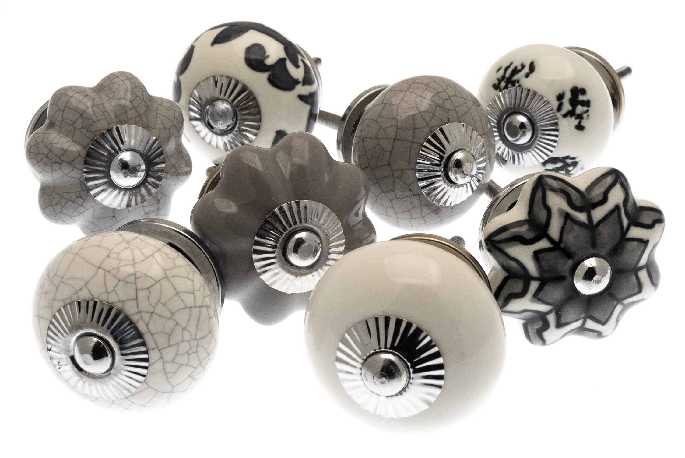 Mango Tree - Mixed Set of Grey & White Scandi Style Ceramic Cupboard Knobs x Pack 8 (MG-700)