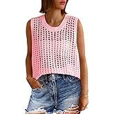 Fisoew Womens Summer Crochet Tank Tops Sleeveless Scoop Neck Loose Knit Sweater Vest Boho Hollow Out Beach Cover Ups