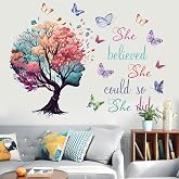 Inspirational Quotes Wall Art - 'She Believed She Could So She Did' Tree &amp; Butterfly Decal Stickers for Women &amp; Girls Bedroom &amp; Living Room Decor