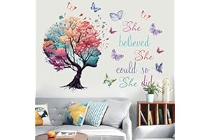 CASADECOR Inspirational Quotes Wall Art - 'She Believed She Could So She Did' Tree & Butterfly Decal Stickers for Women & Girls Bedroom & Living Room Decor