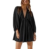 Tiko Miko Women's Sexy Long Sleeve V Neck Tunic Dress Casual Loose Flowy Mini Swing Shift Dresses