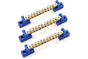 Tnuocke 3pcs Grounding Bus Bar,Terminal Bus Bar Terminal Block Brass Wire Screw Terminal,Single Row 10 Positions Grounding Strip Bus Bar Block Blue H-078-10K