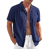 COOFANDY Mens Casual Cotton Linen Shirt Short Sleeve Button Up Shirts Summer Beach Top