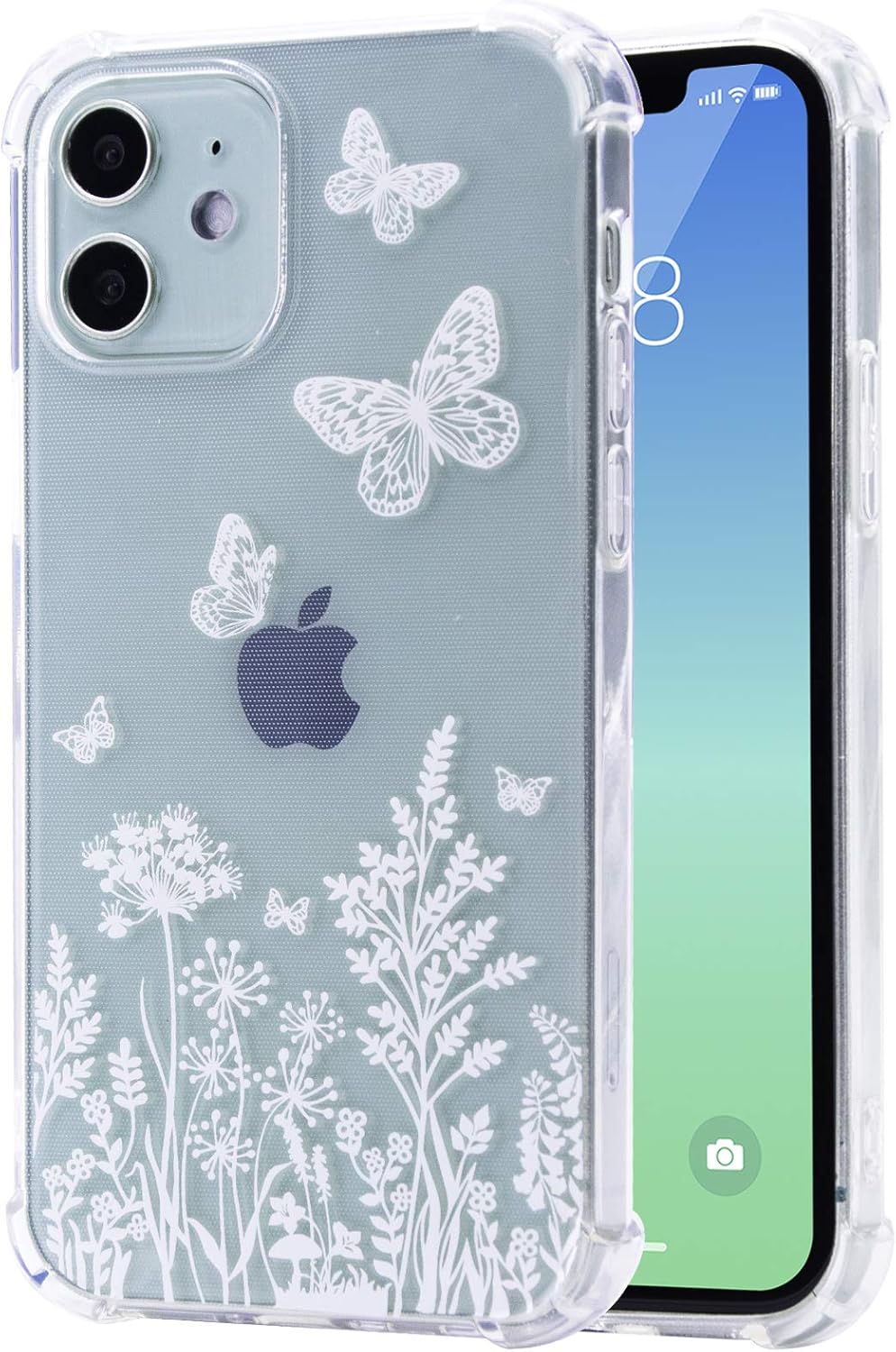 Lien iPhone 12 Case Compatible iPhone 12 Pro case,Clear Flower Design，Transparent TPU Shockproof Bumper Protective Case，Cover Case for iPhone 12 6.1 Inch(White Flowers)