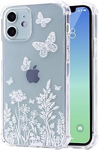 Lien iPhone 12 Case Compatible iPhone 12 Pro case,Clear Flower Design，Transparent TPU Shockproof Bumper Protective Case，Cover Case for iPhone 12 6.1 Inch(White Flowers)